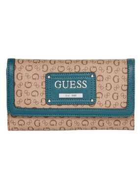 GUESS Women's Signature Canvas Wallet in Teal and Beige Clutch Purse